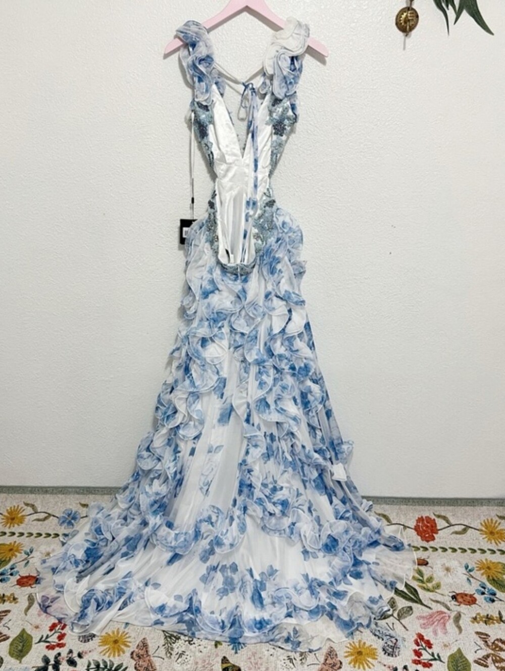 NWT Mac Duggal Floral Lace Up Tie Back Ruffle Shoulder Embellished Gown 2220 - Picture 6 of 12